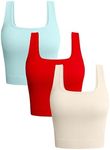 OQQ Women's 3 Piece Tank Tops Ribbed Seamless Workout Exercise Shirts Yoga Crop Tops Red Beige Sea Salt Blue