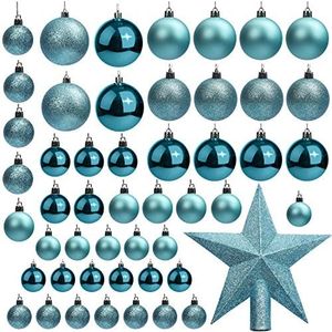 Belle Vous (50pz) - Palline Albero di Natale Azzurre Brillanti Dimensioni Assortite con Puntale Blu a Stella- Addobbi Natalizi per Decorazioni