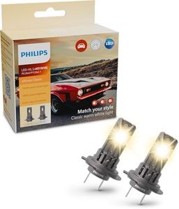 Philips Ultinon Classic LED car headlight bulb (H7/H18), 3.500K warm white light, halogen color match, 80% more brightness*, Easy-fit LED bulb, set of 2