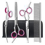 Dog Grooming Scissors, 5Pcs 6-Inch Professional Stainless Steel Titanium Coated Stainless Steel Dog Grooming Kit, Straight/Curved Shears Dog Scissors Set with Case & Comb, Pink