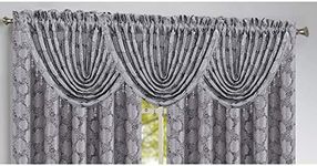 PREMIUS Margie Jacquard Rod Pocket Waterfall Window Valance with Beads, Silver, 48x37 Inches