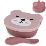 TUM TUM Baby & Toddler Stay Put Suction Bowl with Lid & Spoon - Baby Led Weaning Bowl - Dishwasher Steriliser & Freezer Friendly - 6m+ - Betsy Bear - Pink