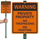 SmartSign"Warning - Private Property, No Trespassing, No Hunting" LawnBoss Sign | 10" x 12" Aluminum Sign With 3' Stake