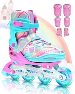 Sportneer Inline Roller Skates, Roller Boots Adjustable Size 2-7.5 with Illuminating Wheels Roller Blades Protective Gear Set for Gilrs Women