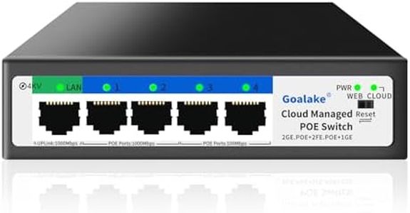 Goalake 5 Port AI Unmanaged PoE+ Switch（4 POE+ Ports +1 Uplink)，802.3af/at PoE+ 100Mbps, 52W Built-in Power, AI Extended to 250m, 4kv Lightning Protection Design, AI Detection, Desktop or Wall Mount