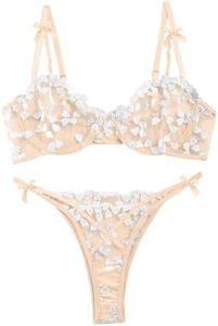 Lilosy Sexy Underwire Cute Push Up Strappy Embroidered Mesh Sheer Lingerie Set See Through Panty Bra, Bow Beige White, Medium