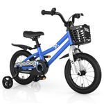 COSTWAY Kids Bike, 14 Inch Toddler Bike for Boys & Girls Aged 3-8 Years Old, Kids Bicycle w/Removable Training Wheels, Handbrake & Coaster Brake, Basket, Bell (Blue, Checkerboard Pattern)