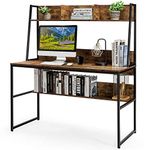 Tangkula 47 Inches Computer Desk with Hutch & Bookshelf, Space Saving Writing Study Table Home Office Desk, PC Laptop Table Workstation with w/ 3 Open Storage Space & Bottom Bookshelf (Rustic Brown)