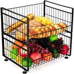 Extra Large Fruit Basket With Banana Hanger for Kitchen Countertop, 2-Tier Fruit Stand for Countertop, Large Wire Fruit Bowl Organizer for Kitchen Counter, Fruit Bread Vegetable Storage Holder Basket