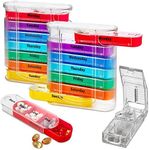 Weekly Pill Organizers with Pill Cutter - V-Grip Pill Splitter (Pack of 2) Stackable Pill, Medicine, Vitamin Organizer with 4 Times-a-Day Daily Compartments, 2 Dispensers with Stackable AM/PM Boxes