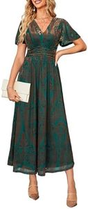 Simplee Women's Velvet Wedding Guest Formal Maxi Dress Elegant Floral Empire Waist V Neck Short Sleeve Long Dress (Small Green Gold)