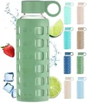 purifyou 40/32/22/12 oz Borosilicate Glass Water Bottles with Volume & Times to Drink, Silicone Sleeve & Stainless Steel Lid Insert, Reusable Bottle for Fridge Water, Milk, Juice (12oz Shale Green)