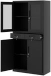 GarveeHome 71 Inch Tall Metal Garage Storage Cabinet, Display Cabinet with Glass Doors, 2 Drawers & 2 Adjustable Shelves, Lockable Garage Organizer for Home Office, Black