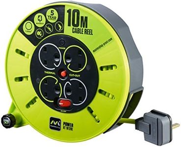 Masterplug Pro-XT Four Socket Medium Cassette Cable Reel with Winding Handle, Thermal Cut Out and Power Switch, 10 Metres, High Visibility Cable, Green