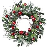 YNYLCHMX 20 Inch Christmas Wreath for Front Door, Artificial Door Wreath with Pine Needles Holly Red Bells, Winter Xmas Snowy Wreath for Outdoor Indoor Reef Farmhouse Windows Wall Holiday Decoration