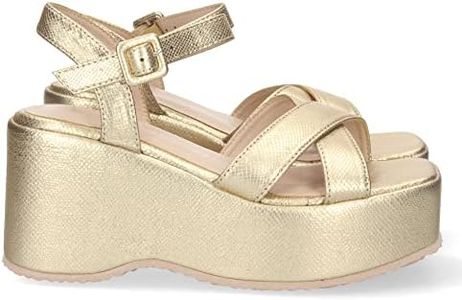 shoes&blues.es 71207-Sandalia de Plataforma para Mujer, Comoda, con Estampado Liso, Palas Cruzadas, y Cierre de Hebilla, Primavera Verano 2023. Talla 36 Oro