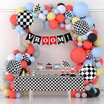 Race Balloon Garland Kit Pastel Coral Gray Yellow Baby Blue Black White Balloons with Checkered Foil Balloons Tablecloth Banner Flag for Race Car Sports Birthday Decorations Checkered Flag Party