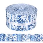 Bolsome 50Pcs Chinoiserie Jelly Polyester Fabric Roll White Blue Floral Quilting Strips Assorted Patterns Patchwork Craft Sewing Supplies for Quilters and Sewing Crafts, 39.37 × 2.55 Inch