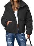 MEROKEETY Women's Winter Long Sleeve Zip Puffer Jacket Stand Collar Baggy Short Down Coats with Pockets, Black, Medium