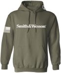 Smith & Wesson Officially Licensed Men's Long Sleeve Solid Graphic Hoodie with American Flag and S&W Logo Pullover Sweatshirt, Military Green, L