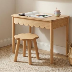 CAALMA Kids Table and Chair Set (Ages 3–7), Solid Wood with Lift-Top Hidden Storage - Montessori Table and Chair Set with Scalloped Design, Easy-Clean Surface & Gold Hardware