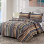 Chezmoi Collection Avery Striped Cotton Quilt Set King Size, 3-Piece Soft Pre-Washed 100% Cotton Quilt, Multi-Color Green