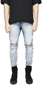 HUNGSON Men's Ripped Slim Fit Skinny Destroyed Distressed Tapered Leg Jeans White-Blue