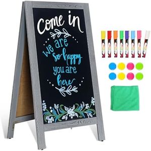 4 THOUGHT A-Frame Chalkboard 40" x 20", Chalk Board Sign Board Magnetic Sandwich Board Pine Wooden Freestanding Double-Sided Chalkboard Easel for Restaurant Cafe Shop Wedding Party, Grey