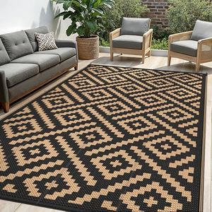 sarben Outdoor Rug for Patio - Waterproof Plastic Straw Camping Rugs 10x14 ft, Reversible Outdoor Indoor RV Mat Carpet for Patio, Porch, Deck, Balcony, Picnic, Beach, Black Brown
