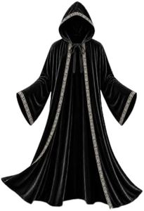 JPXH Adult Hooded Wizard Robe Costume, Velvet Cloak with Gold Trim