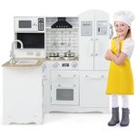 GYMAX Kids Corner Kitchen, Wooden Toy Kitchen with Sink, Stove, Microwave, Oven, Range Hood, Refrigerator, Water Dispenser and Cookware Accessories, Children Role Play Kitchen for Girls Boys (11 in 1)