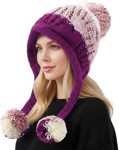 HUAMULAN Women Winter Sherpa Beanie Hats Knit Ear Flaps Peruvian Cover Ears Warm Fleece Lined Ski Snow Hat 3 Pompoms