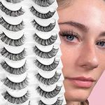 Glowingwin Cat Eye Lashes Natural Look Russian Strip Lashes D Curl Wispy Fluffy Russian Strip Lashes Hybrid Lashes 10 Pairs Pack Fake/False Lashes Faux Mink Lashes 3D Effect