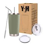 Y·J&H 20oz (550ml) Travel Tumbler Double Wall Vacuum Insulated Coffee Mug Stainless Steel Coffee Cup with 2 Splash Proof Lid, 2 Straws & Free Cleaning Brush, BPA Free - Army Green