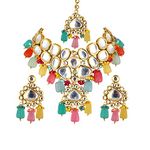 Lucky Jewellery Back Meenakari 18k Gold Plated Multicolor Color Tika Earring Combo Jewellery Set Uncut Big Faux Kundan Dibbi Kundan Choker Necklace Set for Girl's & Women