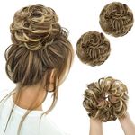 SARLA 2PCS Updo Messy Bun Hair Piece Gold Blonde with Ash Brown Highlight Synthetic Wavy Curly Ponytail Extension for Women Girls