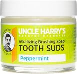 Uncle Harry’s Natural Products Alkalizing Nonabrasive Brushing Soap Tooth Suds, Peppermint, Remineralizes Tooth Enamel and Promotes Alkaline pH, Fluoride Free and Vegan, 2 Ounce Glass Jar