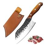 Fubinaty Kitchen Knife Handmade Forged Chef Knife 7 Inch High Carbon Steel Full Tang Cooking Meat Knives Wood Handle Slicing Knife with Leather Sheath for Home, Restaurant, Camping