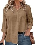 IN'VOLAND Plus Size Womens Long Sleeve Button Down Cotton Linen Shirt Blouse Loose Fit Casual V-Neck Tops