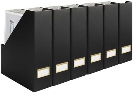 BLU MONACO | Cardboard Magazine File Holder Set of 6 Black | Vertical Magazine File Holder with Gold Label Slots | Standing File Holder and Cardboard Bins for Shelves Desk Storage