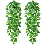 Dremisland 2Pcs Artificial Hanging Plants Artificial Potted Plant Fake Ivy Vine Plant for Wall House Room Patio Office Farmhouse Indoor Outdoor Decor (with Black Pot) (2 PCS)