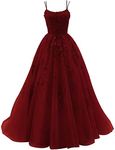 HYEC7 Women's Spaghetti Straps Tulle Prom Dresses Long Lace Appliques Ball Gown Formal Evening Party Gowns Wine