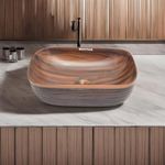 REMOTION Wooden Base Design Table Top Vessel Sink/Over Counter Wash Basin/Counter Top Wash Basin for Bathroom Decor & Living Rooms (18 X 13 X 5 Inch) (Wooden Style Basin-8)