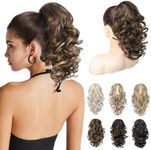 REECHO 12" Ponytail Extension, Classic Loose Curly Wavy Claw Clip Pony tails Hair Extensions Hairpieces for Women - Chocolate Brown with Highlights