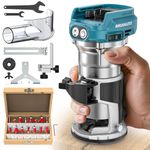 Cordless 30,000 RPM Compact Router Compatible with Makita 18V Battery, with 15Pcs Router Bits 6 Variable Speeds for Woodworking, 800W Fixed Base Wood Router with Trim Bits, Edge & Roller Guide