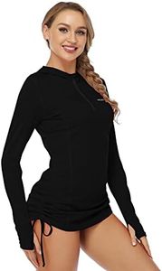 HISKYWIN Womens Hoodie Thumb Hole UV Sun Protection Rash Guard Side Adjustable Wetsuit Swimsuit Top HF814-Black-M