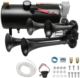 Train Horn Kit for Trucks & Cars - 4 Trumpet 180DB Super Loud Air Horn with 150 PSI 0.8 Gallon 12V Compressor, Universal Fit for All 12V Vehicles Jeep, SUV, Train Pickup Boat Trucks Semi Black