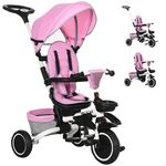 Aosom Tricycle for Toddler 6-in-1 Kids Trike, Foldable Converts Stroller to Baby Push Bike, Adjustable Backrest with Detachable Guardrail & Handle, Brake for 1-4 Years Old, Pink