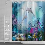 SDOTPMT 140x183cm Ocean Dolphin Shower Curtain Sunbeam Tropical Colorful Fish Bath Curtain Underwater World Marine Animals Bathtub Curtain for Bathroom Fabric Polyester Waterproof with Hooks