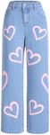 OYOANGLE Girl's Cute Heart Print Elastic Waist Straight Leg Jeans Trendy Denim Pants Blue 10Y